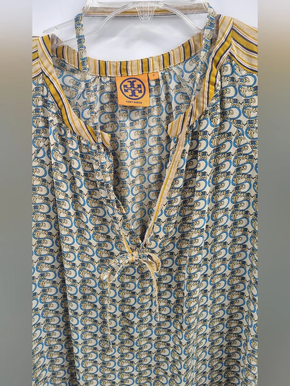 Tory Burch Silk Long-sleeve Relaxed Dress Ties  Waist w Grey Blue Elephants Sz 6